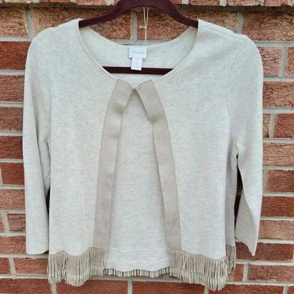 Chico's Cardigan Sweater Women's Size Medium Beige Suede Accents - Picture 1 of 10